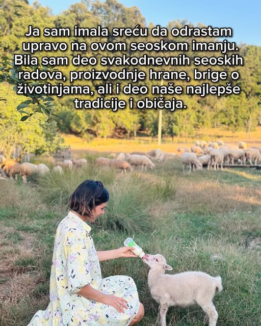 Žena u cvetnoj haljini sedi u travi i hrani jagnje flašicom, dok se u pozadini pase stado ovaca.