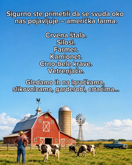 Tipična američka farma sa vetrenjačom, farmerom u kombinezonu i kravama koje pasu ispred štale.