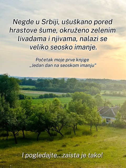 Voćnjak i kuća sa crvenim crepom na brdu, a iza njih livade i šuma u svetlu zalaska sunca.