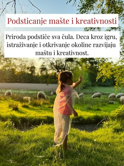 Devojčica u prozirnoj kabanici maše štapom na zelenoj livadi dok u daljini pasu ovce.