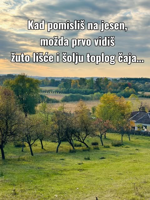 Jesenji voćnjak na selu sa žutim i zelenim krošnjama, kućom i oblačnim nebom