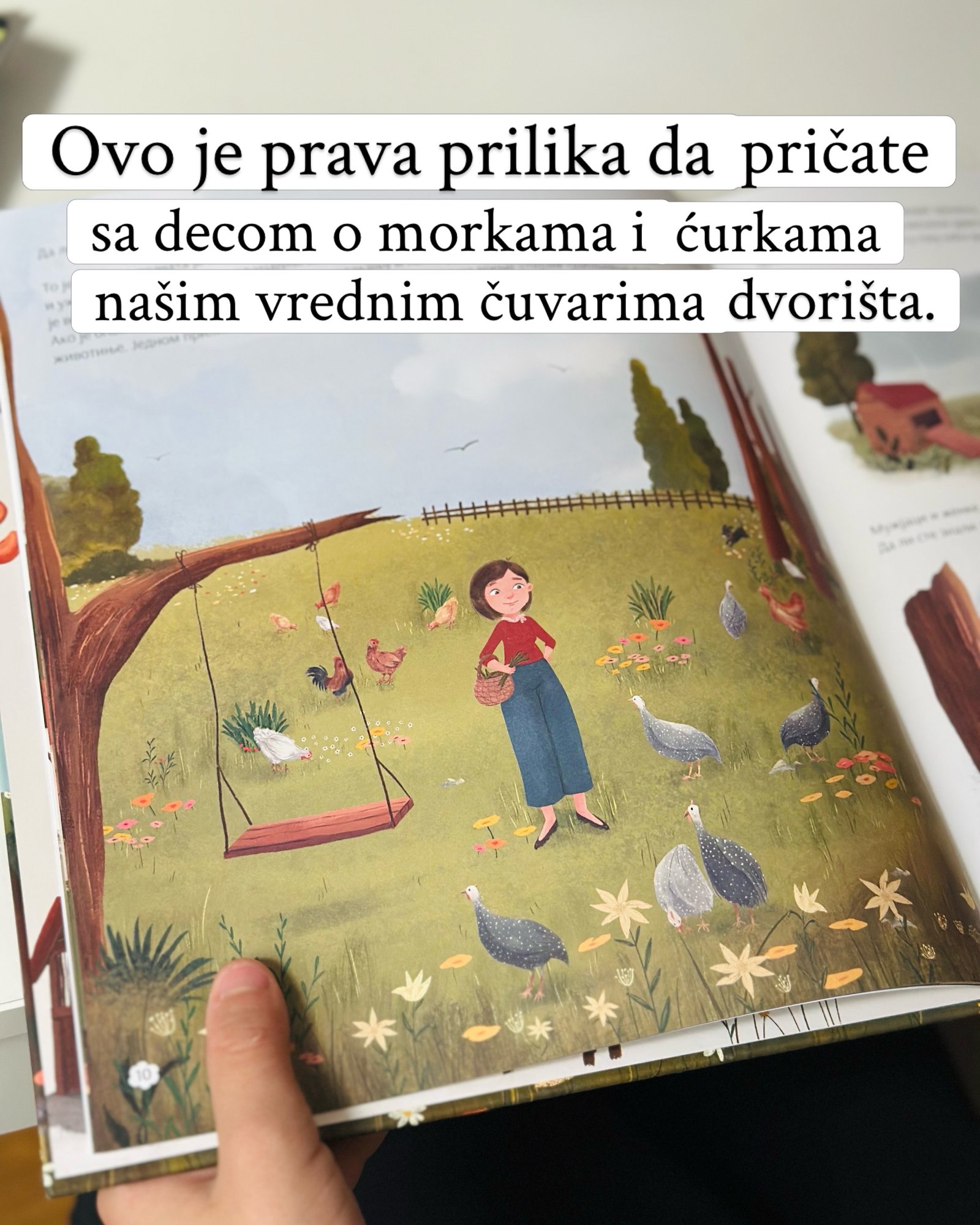 Ilustrovana strana sa devojčicom koja nosi korpu kroz dvorište puno morki.