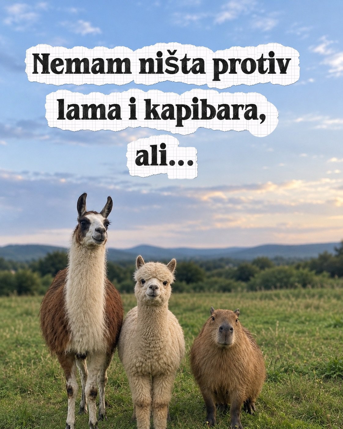 Lama, alpaka i kapibara stoje jedna pored druge na zelenoj livadi
