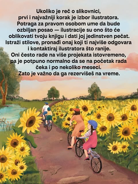 Ilustracija dece na biciklima koja se voze stazom pored polja suncokreta i reke, uz savet o izboru ilustratora.