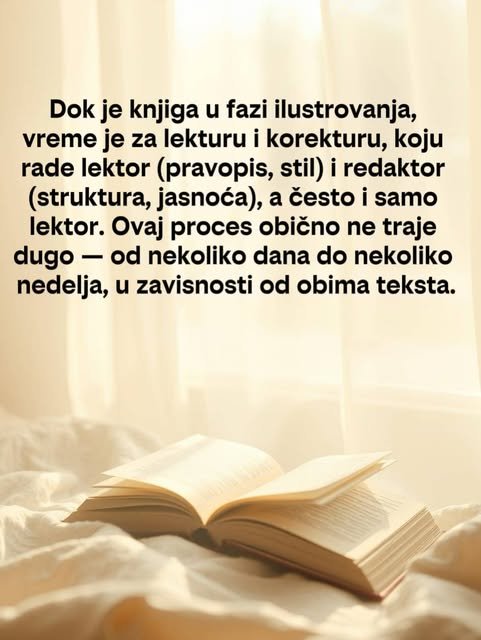 Otvorena knjiga leži na mekoj beloj posteljini u toplom svetlu prozora, uz objašnjenje lekture i korekture.