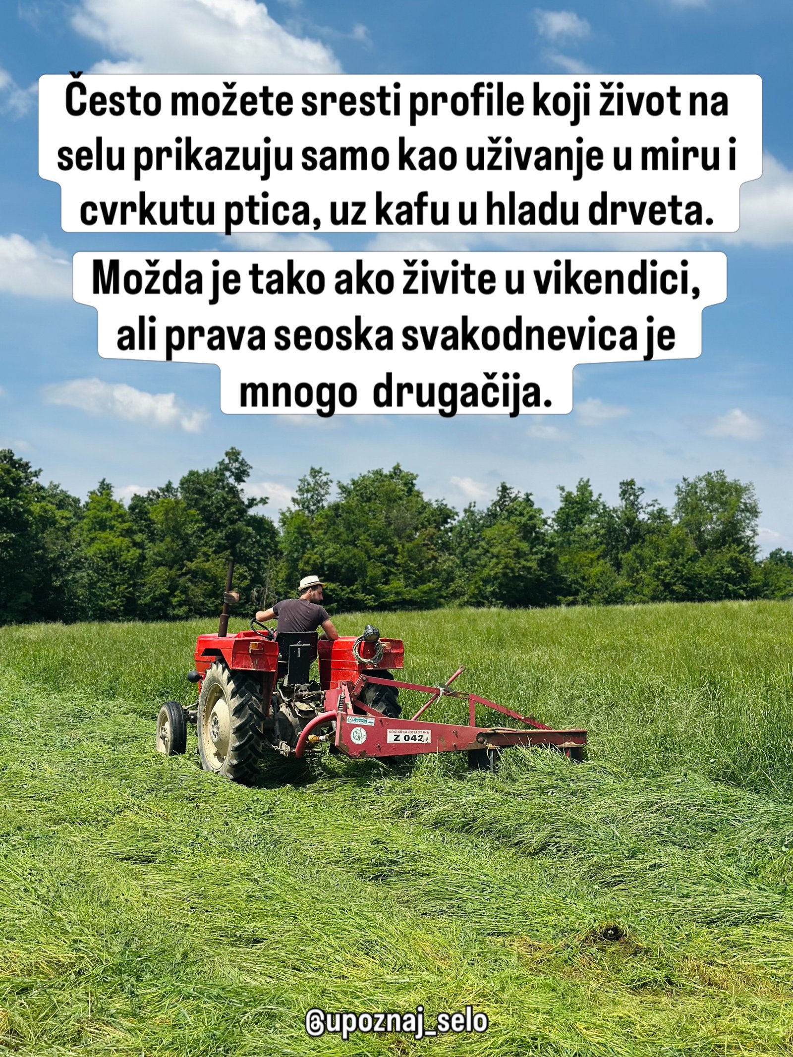 Muškarac u šeširu kosi visoku travu na livadi starim crvenim traktorom.